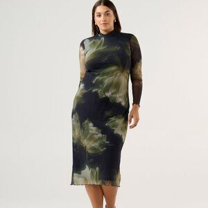 NWT Estelle Peace Lily Black Green Floral Mesh Midi Dress Mock Neck 16W